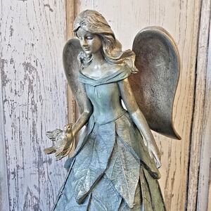 Napco Garden Angel Fairy Statue Bronze Leaf Dress Bird Detail Decorative Art 14"